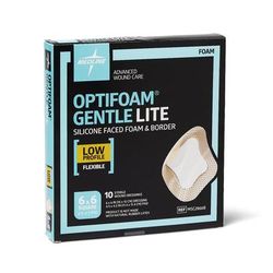 Medline Optifoam Gentle Lite Foam Dressing, 6" x 6" with Border, 10/BX (MSC2866BZ)