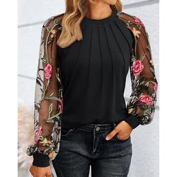 Blusa Per donna 6 nero Nero bianco grigio Nero Di pizzo Fiore / Piante Pizzo Stampa Giornaliero Elegante Il giro Standard S