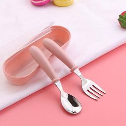 TEMU Food Grade Utensils, Stainless Steel Cutlery Set With Storage Box, Round Handle Cute Tableware