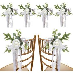 TEMU 6pcs White Rose Floral Wedding Chair Sashes, Non-woven Fabric Plastic Chair Back Flowers With Leaves And Ribbons, Church Bench Pew Decor For Wedding Ceremony