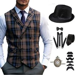 Anni 1920 Ispirato al vintage Il grande Gatsby Costume da festa Set di accessori Senza maniche Doppiopetto Plaid Collo ripiegato Costume Per uomo Halloween Festa Sera Casual Quotidiano Adulti Gilet