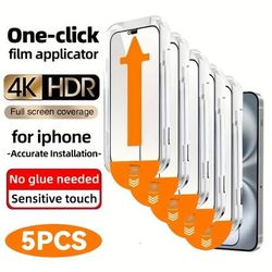 TEMU 5-pack 4k Ultra Hd Glossy Tempered Glass Screen Protector For Iphone, Film Applicator, Full Coverage, No Glue Needed, For Iphone 16/15/14/13/12/11/pro Max/pro/plus/mini/x/xr/xs Max