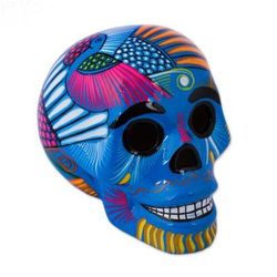 Colorful Death,'Mexican Hand Painted Blue Decorative Ceramic Skull'