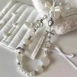 INS Korean Cute White Bow Heart Pearl Beads Beaded Phone Chain For iPhone Camera Hanging Rope