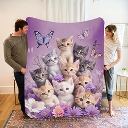 TEMU 1 Adorable Kitten-themed Flannel Blanket | Cozy Bedding With Purple Floral & Accents | Ideal For Napping, Camping, Travel | Perfect Gift For Cat Lovers, Blanket For Bed
