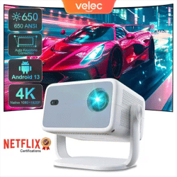 Velec Netflix Certification Projector Android 13 4K Native 1080P 650ANSI With Auto Focus Wifi6 BT5.2 360° Home Outdoor Projector