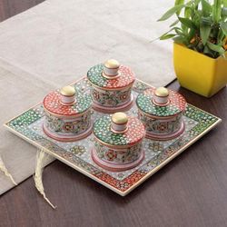 'Jaipur Floral Green and Red 5-Piece Marble Tray and Bowl Set'
