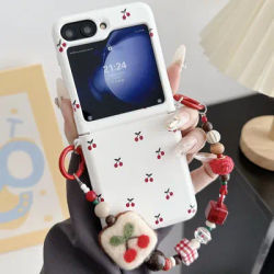 Luxury Leather For Samsung Galaxy Z Flip 6 Lovely Cherry Case For Samsung z flip5 flip4 3 Hand Strap Shockroof Korean Case