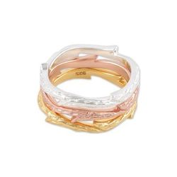 'Polished Multi-Metal Leafy Stacking Band Rings (Set of 3)'