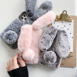 Soft Plush Case For iPhone 13 14 15 16 11 12 Pro XR X Xs Max 3D Furry Rabbit Bunny Warm Fur Hair Cover