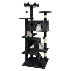TEMU Cat Tree 138.5cm Cat Scratching Tower Indoor Cat Multi-level Climbing Tower Apartment, With Scratching Post, 2 Houses, Ladder And 2 Swing Balls Dark Gray