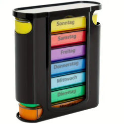 German printing Weekly Pill Organizer, 7 Stackable Compartments Four Times-a-Day - Morning, Noon, Evening, and Bedtime