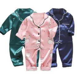 Ensemble de pyjama en satin de soie pour enfants, haut à manches longues, pantalon, dessin animé, couleur unie, version coréenne, mâle, bébé, fille, 2 pièces