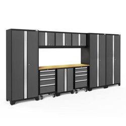 Newage Products Bold 3.0 Series 10-Piece Garage Cabinet Set, Grey / Bamboo Worktop / LED Lights