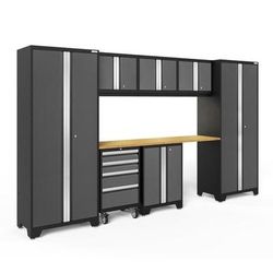 Newage Products Bold 3.0 Series 8-Piece Garage Cabinet Set, Grey / Bamboo Worktop / LED Lights