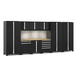 Newage Products Pro 3.0 Series 10-Piece Garage Cabinet Set With 3X Multi-Use Lockers, Black / Bamboo Worktop / LED Lights + Slatwall Backsplash