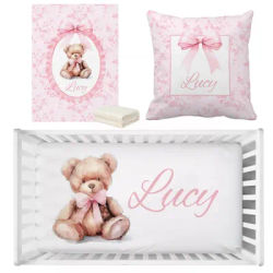 LVYZIHO Custom Name Cute Bear Crib Bedding Set Girl, Vintage Floral Baby Blanket, Baby Crib Sheet, Baby Pillowcase