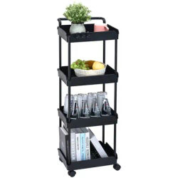 VEVOR Carrello Multiuso 4 Ripiani a Rotelle Carrello Portaoggetti 370 x 355 x 1065mm Ruote Bloccabili con Maniglia, Carrello Mobile Materiale PP Portaoggetti Salvaspazio per Ufficio Cucina Colore Nero