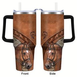 TEMU 40oz Stainless Steel Horse Tumbler - Insulated Coffee Mug With Lid, Leak-proof Travel Cup For Hiking & , Pvc-free, Hand Wash Only - Ideal Gift For Equestrians And Animal Enthusiasts
