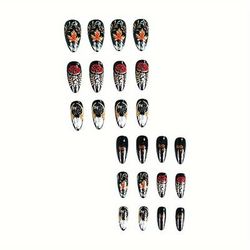 TEMU 24pcs/set Press On Nails Medium Almond, Uv Maple Leaf, Spider Web, Pattern Mixcolor False Nails For Beginner Women & Girls Nail Art Decoration, At Home Diy Quick Manicure Kit