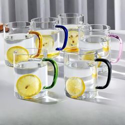 TEMU 6pcs Colorful Glass Mugs 300ml High Borosilicate Heat-resistant Juice & Milk Cups With Colorful Handles, Transparent Tea And Coffee Mugs For Home Use, Reusable
