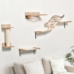 TEMU 4pcs Wall-mounted Cats Climbing Shelf Set Cat Tree Kitten Perch With Hammock Scratching Post Jumping Platform