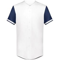 Augusta Sportswear 6909 Athletic Cutter+ Full Button Baseball Jersey T-Shirt in White/Navy Blue size 2XL | Polyester/Spandex Blend