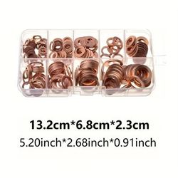 TEMU 200pcs Copper Washer Gasket Nut And Bolt Set, Flat Assortment Kit With Box, M5/m6/m8/m10/m12/m14 Sizes For Sump Plugs, Durable Copper Material, Exterior Finish Copper