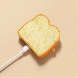 TEMU Cute Toast Bread Silicone Case For Airpods 1, 2, 3 & Pro, Cartoon Anti-loss Protective Cover With Keychain Hook - Fashion Anti-slip Decorative Skin For Wireless Earphone
