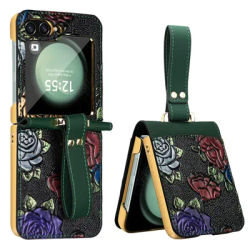 VIETAO Fashion Relief Paintings Flower PU Leather Phone Case Compatible With Samsung Galaxy Z Flip 6 5 4 3 Case With Wristband