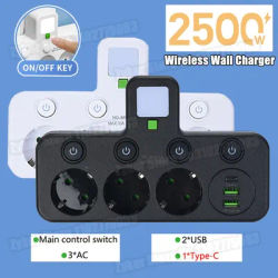 EU Plug Power Strip with 3 AC Outlets +2 USB Ports+ 1 Type C, 6-in-1 Plug Socket Adapter Wireless Wall Charger for Home Office