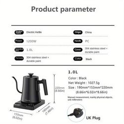 TEMU 1pc Smang Gooseneck Pour Over Coffee Kettle, 1200w High Power Quick Boiling Electric Kettle With Temperature Control And Insulation, 1000ml Stainless Steel, 220-240v British Plug