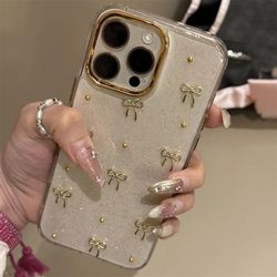 TEMU Adorable 3d Bowknot Beaded Clear Phone Case For Iphone 16, 15, 14, 13 Pro Max, Featuring A Soft Epoxy Shockproof Back