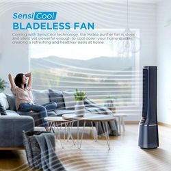 TEMU Midea Mbf150bsuk 2-in-1 Dark Blue Bladeless Tower Fan - Motor-powered, Operation, Led Display, Smart App Connectivity, Remote Control, Hepa Filter For Clean Air, 10 Adjustable & 12-hour Timer