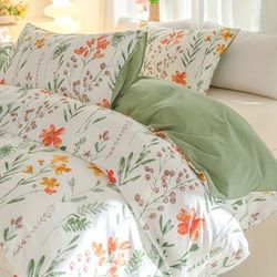 TEMU 3pcs Floral & Grass Print Duvet Cover Set - Soft, Breathable Polyester Bedding With Zip Closure For All - Includes 1 Duvet Cover And 2 Pillowcases (no Insert), Feather Down, Print