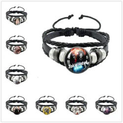 Tokio Hotel Pop Retro Rock Band Bill Kaulitz Band Black Rope Button Glass Cabochon Leather Bracelet Jewelry Charm Fans Gift