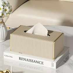 TEMU Elegant Nordic Style Leather Tissue Box Cover With Italian Stripes – Rectangular Design In White & Golden For Living Room, Dining Area, Or Bathroom Decor, Bathroom Wall Decor