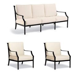 Grayson 3-pc. Sofa Set with Two Lounge Chairs in Black Aluminum - Sunbrella Rain, Rain Resort Stripe Air Blue - Frontgate