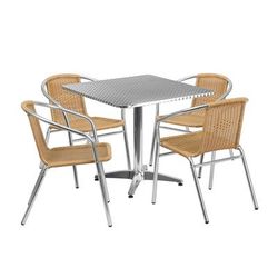 MoTak M245 31 1/2" Square Patio Table & 4 Beige Rattan Arm Chair Set - Stainless Steel Top, Aluminum Base