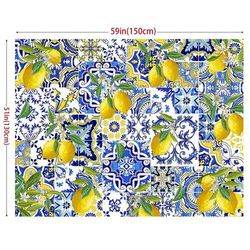 TEMU 1pc Vibrant Lemon And Blue Tile Pattern Polyester Tablecloth - Ideal For Summer Parties, Birthdays, And Home Decor, Bedroom Decoration|azulejo Style Decor|easycare Material, Lemon Kitchen Decor