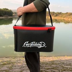 TEMU Lightweight Eva Fishing Tackle Bag - , Foldable, Waterproof With Zipper Closure For Camping & Fishing Enthusiasts, Black With Red Zipper Pulls