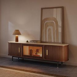 70.87" Mid-Century Modern Walnut TV Stand with Matte Travertine Stone Tabletop and LED Lights, Walnut Color Tambour Door Media Console, Rolling Door TV Console