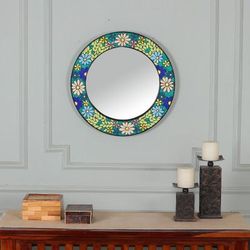 'Blue and Green Flower-Patterned Round Ceramic Mosaic Mirror'
