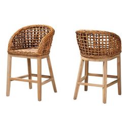 Mario Modern Bohemian Natural Brown Finished Teak Wood And Rattan 2-Piece Counter Stool Set by Baxton Studio in Natural Brown Rattan