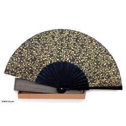 Silk batik fan,'Golden Vines'
