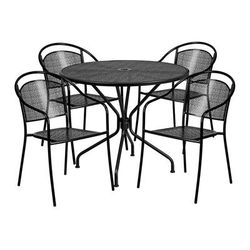 MoTak M131 35 1/4" Round Patio Table & 4 Round Back Arm Chair Set - Steel, Black