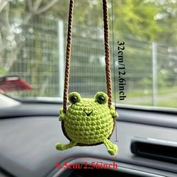 TEMU Car Mirror Hanging Ornament – Green Smiling Frog With Braided Rope , Handmade Fabric Auto & Bag Decoration, Frog Decor, Frog Gifts