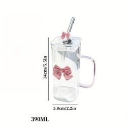 TEMU 1pc Cute Bow Glass Cup With Handle And Straw Lid - Heat-resistant High Borosilicate Glass, Large Capacity For Juice & Cold Drinks, Decorative , Green & Pink Options, Hand Wash Only