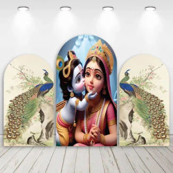 Mehofond Custom 2-Sided India Yashoda and Krishna Peacock Birthday Party Baby Shower Cover Chiara Arch Background Decor Backdrop