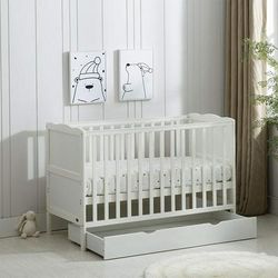 TEMU Mcc Direct White Wooden Baby Cot Bed & Drawer & Aloe Vera Mattress & Safety Wooden Barrier - With Drawer (126cm X 66cm X 86cm)